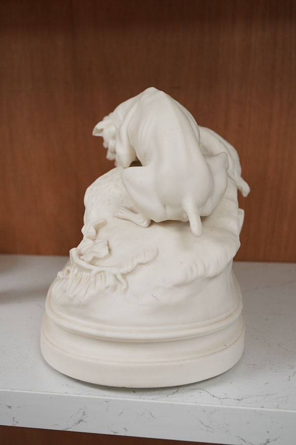 After Pierre-Jules Mene (1810-1879), a parian group, 'Le Chasse au Lapin', 31cm